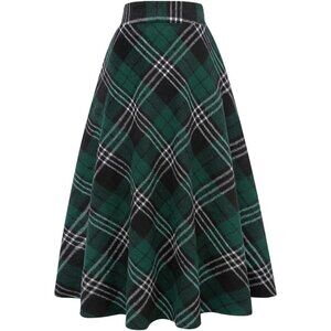 Womens Long Green 711 Elastic Waist A-Line Pleated Tartan Long Plaid Wool Skirts